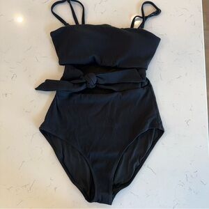 aerie Black Ribbed One-Piece Swimsuit with Adjustable Straps and tie